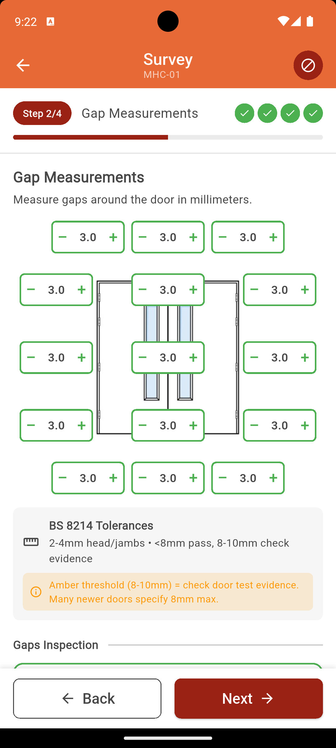 IgnisTrack Survey app showing BS 8214 gap measurement interface with visual door frame and pass/fail indicators