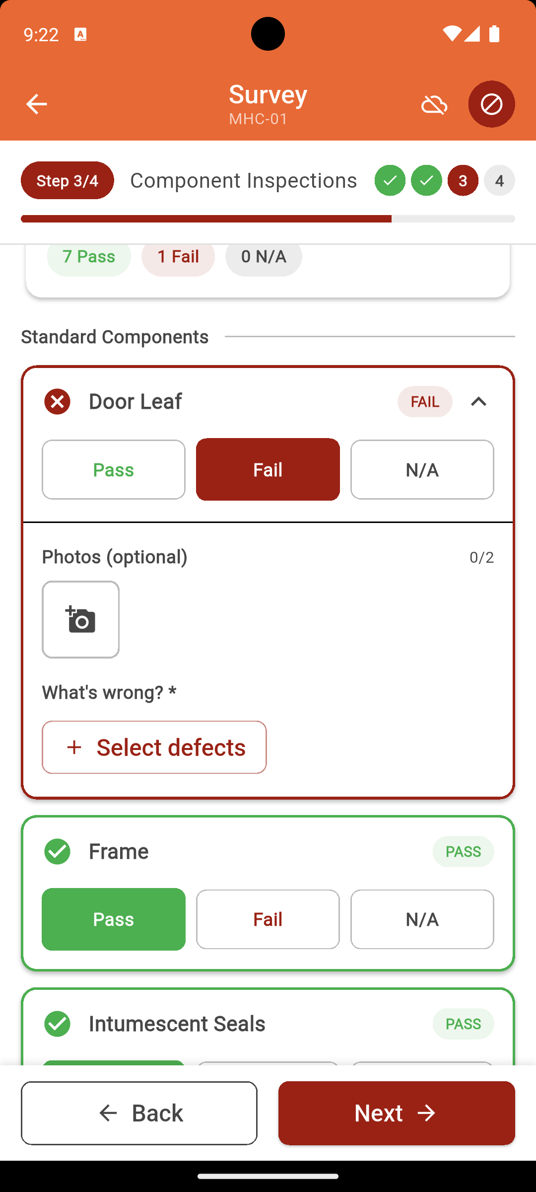 IgnisTrack Survey app showing component inspection screen with pass/fail status for door leaf, frame, hinges, and seals