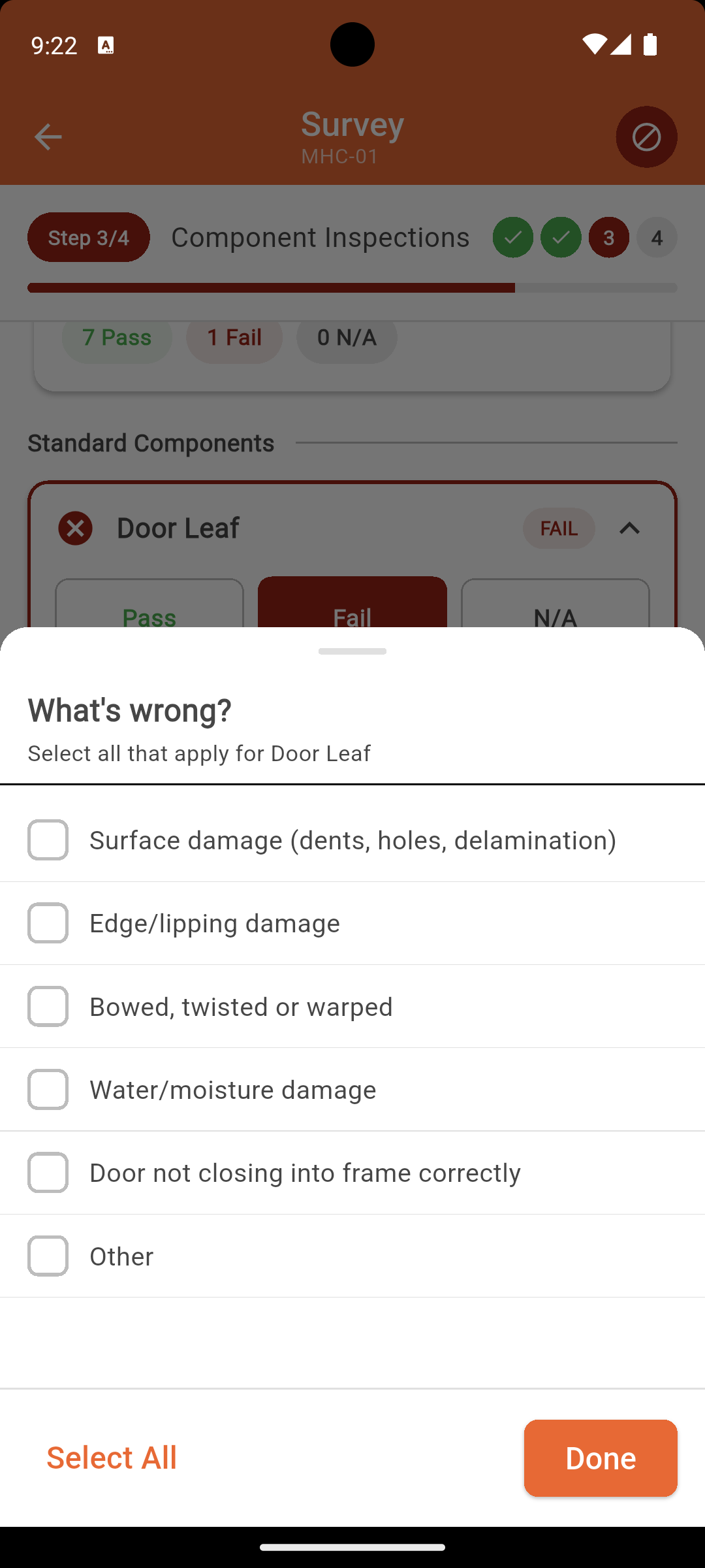 IgnisTrack component inspection screen with defect codes