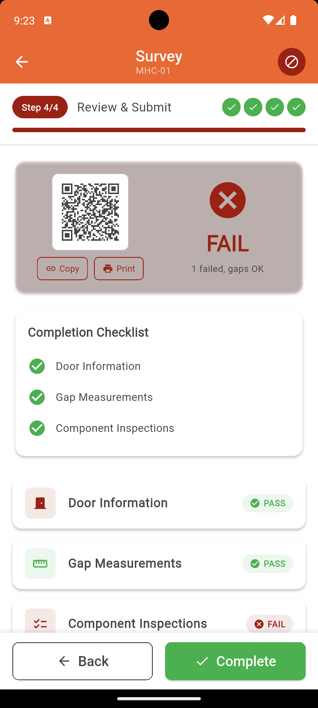 IgnisTrack Survey app showing review screen with QR code and completion checklist